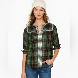 J.Crew Plaid Embroidered Peasant Top Green Navy Check Blouse 100% Cotton Boho
